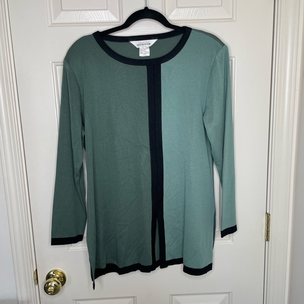 Exclusively Misook Sage Green & Black Trim Open Front Cardigan | Long Sleeve L